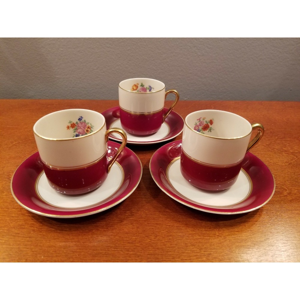 3 Vintage Arabia Finland Suomi Demitasse/Espresso Cups & Saucers Red Wine